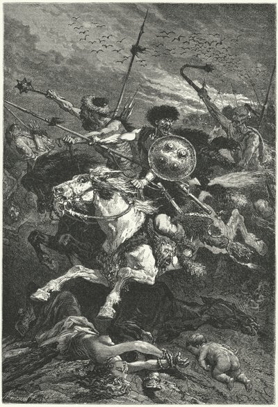 Huner som lader i slaget ved Chalons, 451 (gravering) av Alphonse Marie de (after) Neuville