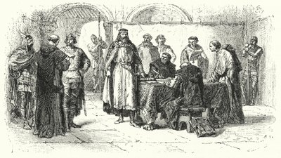 Proklamasjon av katolisisme som religionen til det gotiske riket i Spania ved det tredje rådet i Toledo, 589 (gravering) av Alphonse Marie de (after) Neuville