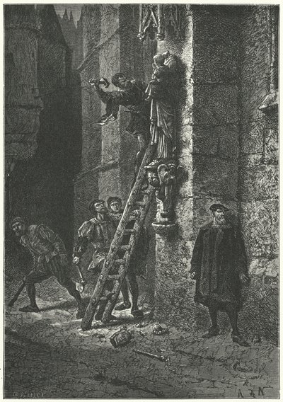 Protestanter ødelegger en statue av jomfruen og barnet på Notre Dame, Paris av Alphonse Marie de (after) Neuville