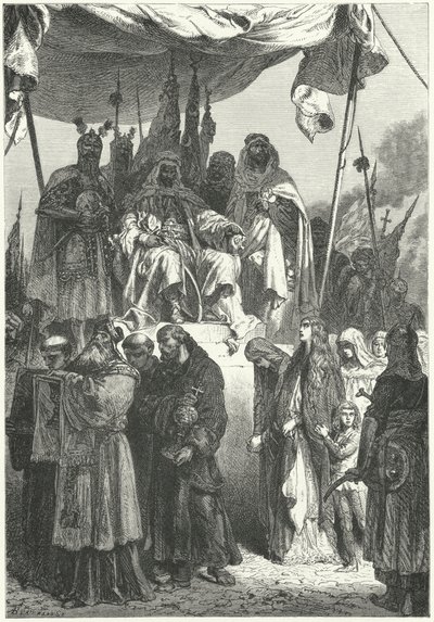 Saladin ser på fangede kristne gå forbi etter at han erobret Jerusalem av Alphonse Marie de (after) Neuville