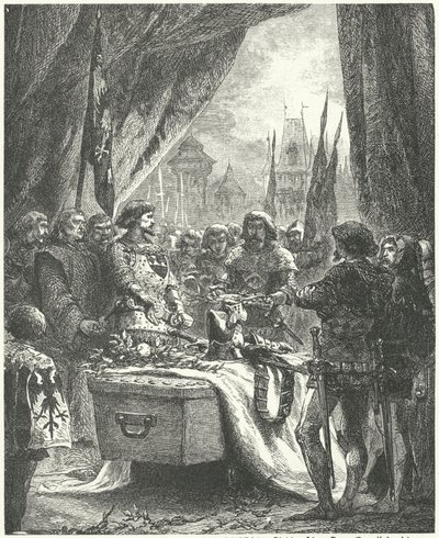 Kommandanten for Chateauneuf de Randon legger nøklene til byen på kisten til Bertrand du Guesclin av Alphonse Marie de (after) Neuville