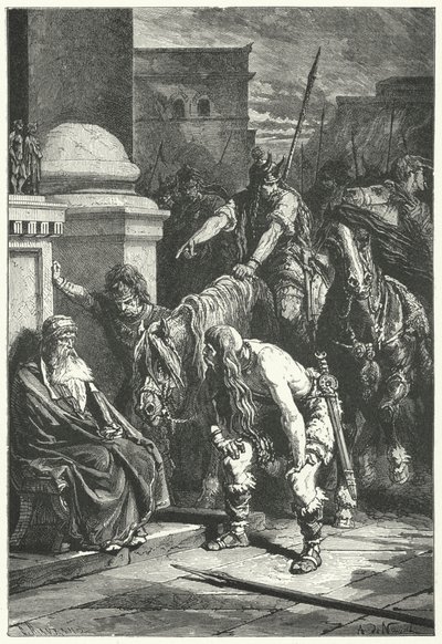 Døden til den romerske konsulen Marcus Papirius i den galliske sekken av Roma, 387 f.Kr. (gravering) av Alphonse Marie de (after) Neuville