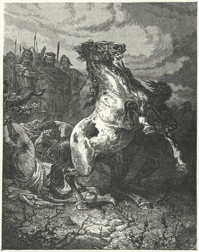 Henrettelsen av Brunhilda av Austrasia, 613 (gravering) av Alphonse Marie de (after) Neuville