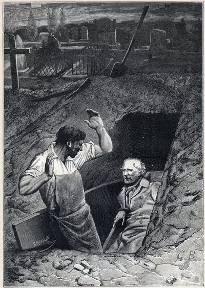 En oppstandelse er nesten like skremmende som en død: Fauchevent og Jean Valjean - Illustrasjon av Alphonse de Neuville (1836-1885) for "Les miserables - Second part: Cosette" av Victor Hugo (1802-1885) 1862 av Alphonse Marie de Neuville