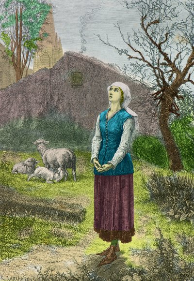 Jeanne d#39;Arc hører stemmene som ber henne om å frigjøre Frankrike ved Domrémy (gravering) av Alphonse Marie de Neuville