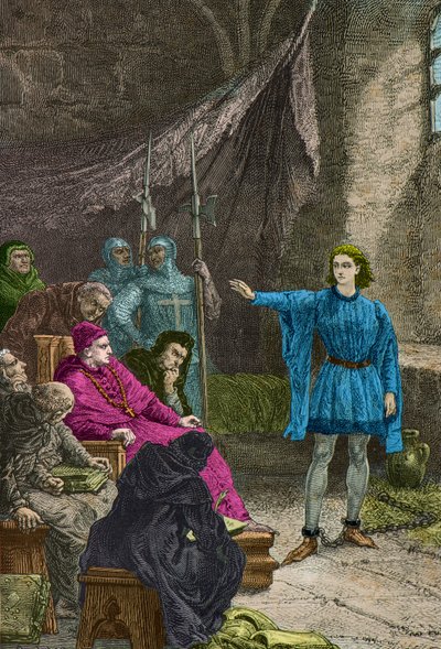 Jeanne d#39;Arc blir avhørt av kardinalen av Winchester (gravering) av Alphonse Marie de Neuville