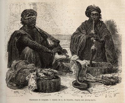 Les charmeurs de serpents, som handler med krypdyr, som de tiltrekker seg ved å blåse i toumril (fløyte), gravering etter tegningen av A. de Neuville, som illustrerer reisen til India av Rajahs, i 1864-1868, av Louis Rousselet, utgitt i "" Le tou av Alphonse Marie de Neuville