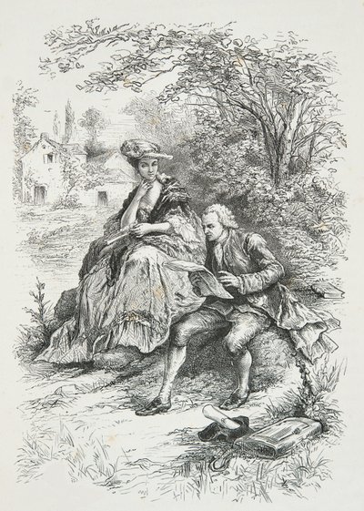 Rousseau i selskap med Madame Louise d#39;Epinay, ved Eremitasjen i Montmorency (gravering) av Alphonse Marie de Neuville