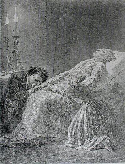 The Death of Jean Valjean, illustrasjon fra Les Miserables av Victor Hugo (1802-85) av Alphonse Marie de after Neuville