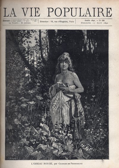 En naken ung kvinne, stående og decoiffe, dekker kroppen hennes med et teppe, omgitt av vegetasjon og trær som maskerer et smijernsnett. Illustrasjon av Alfons Maria Mucha (Alphonse Marie Mucha av Alphonse Mucha