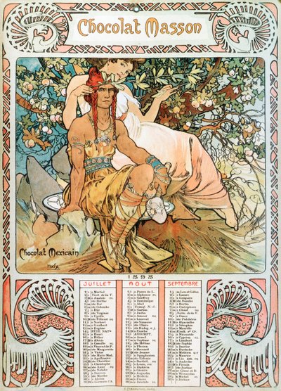 Voksenkalenderside for året 1898 dekorert av en reklameillustrasjon av Alphonse Mucha (1860-1939) for sjokoladene Masson - "" Middelalderen"" Reklameillustrasjon av Alphonse Mucha for av Alphonse Mucha