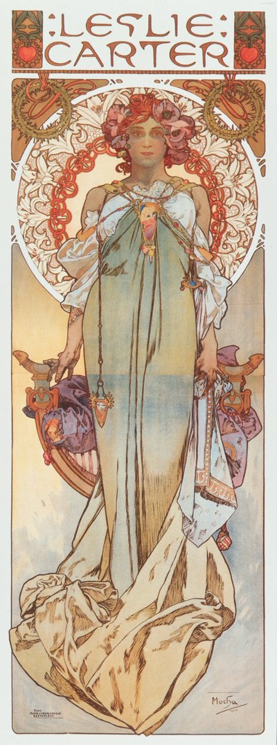 Reklameillustrasjon av Alphonse Mucha som representerer sceneskuespilleren Leslie Carter i hennes nye skuespill "" Kassa" - 1908 Dim 78x209 cm Privat samling av Alphonse Mucha