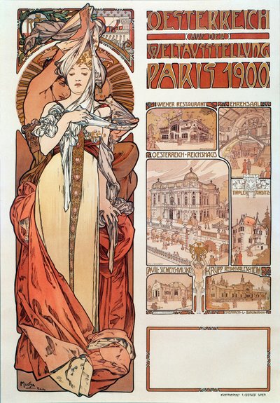 Reklameplakat av Alphonse Mucha (1860-1939) for Østerrike representert på verdensutstillingen i Paris 1900 - Dim 68x98,5 cm Reklameplakat av Alphonse Mucha for "" Austria"" på utstillingen av Alphonse Mucha