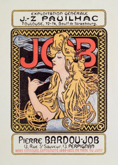 Reklameplakat for sigarettpapir Job laget av Alphonse Mucha (1860-1939) 1900 - Søn 12x8 cm Reklameplakat for sigarettpapir Job utgitt av Alphonse Mucha, 1900 - Privat samling av Alphonse Mucha