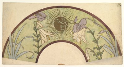 Design for en vifte med sunburst, liljer og iris, slutten av 1800- og midten av 1900-tallet av Alphonse Mucha