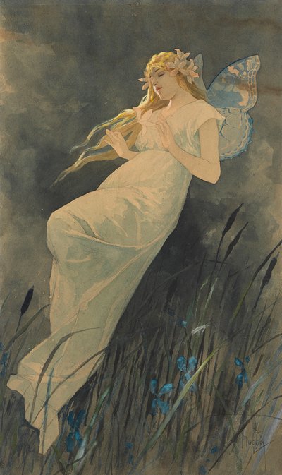 Alv med irisblomster, ca. 1886-1890. av Alphonse Mucha