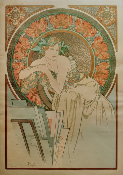 Kvinne med valmuer og grafisk portefølje av Alphonse Mucha