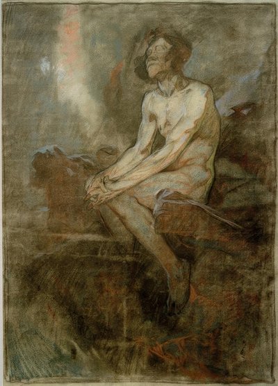 Naken mann sitter på en stein av Alphonse Mucha