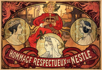 Plakatannonsering av Nestlé, hyllest til dronning Victorias diamantjubileum, 1897 av Alphonse Mucha