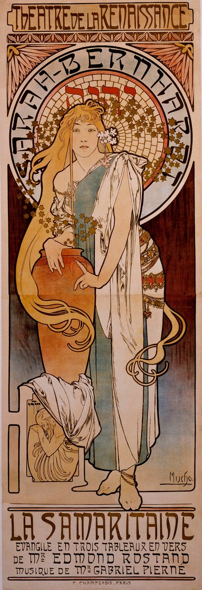 Plakat for stykket "" La Samaritaine"" av Edmond Rostand fremført av Henriette Rosine Bernard dit Sarah Bernhardt (1844-1923) i 1897 ved Theatre de la Renaissance. Tegning av Alphonse Mucha (1860-1939) 1897 av Alphonse Mucha