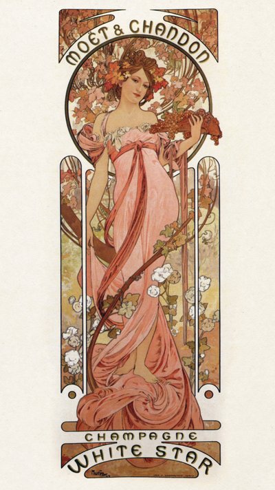 Reproduksjon av en reklameplakat for champagne av Alphonse Mucha
