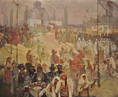Kroningen av den serbiske tsaren Stefan Dusan som østromersk keiser Syklusen Det slaviske epos av Alphonse Mucha