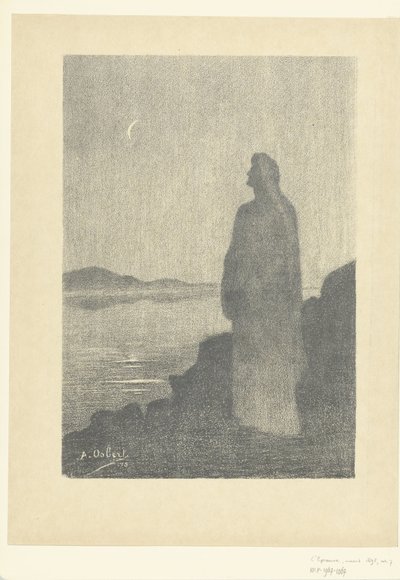 Stående kvinne ved vannkanten ser på månen Drøm om natten Rêverie dans la nuit L'Epreuve (serietittel) av Alphonse Osbert