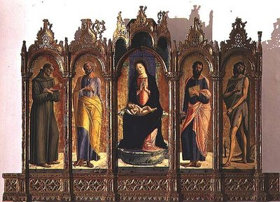 Polyptych som viser (sentralt panel) Madonna og Child Enthroned; St. Dominic og St. Peter (venstre paneler); St. Paul og St. Johannes døperen (høyre paneler) av Alvise Vivarini