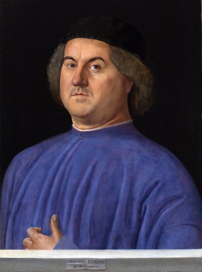 ""Portrett av en mann"" Bourgeois kledd i en blå tunika - Maleri av Alvise Vivarini (ca. 1446-cirka 1505) 1497 London National Gallery av Alvise Vivarini