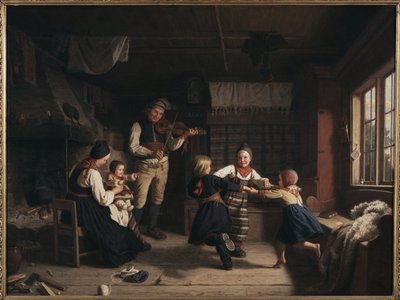 Søndag kveld i et våningshus i Dalarna - Søndagskveld i et gårdshus i Dalarna, av Lindegren, Amalia (1814-1891). olje på lerret av Amalia Lindegren