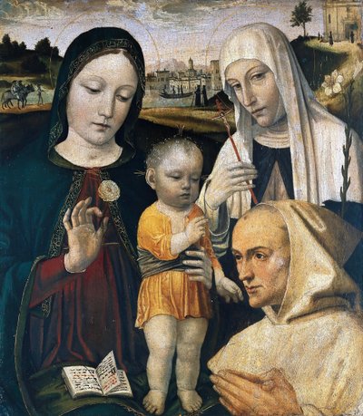 Madonna og barn, Saint Catherine av Siena og en karteusisk munk, ca. 1490. av Ambrogio Bergognone