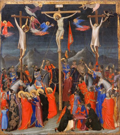 Korsfestelsen - På sidene, representasjon av den gode tyven (også kalt Saint Dismas (eller Dysmas, Dimas, Dumas) og den onde tyven (Gesmas eller Gestas), to tyver korsfestet med Jesus Kristus - Inskripsjon INRI (I N R I) på korset - Maleri av Gio av Ambrogio Bondone (workshop) Giotto