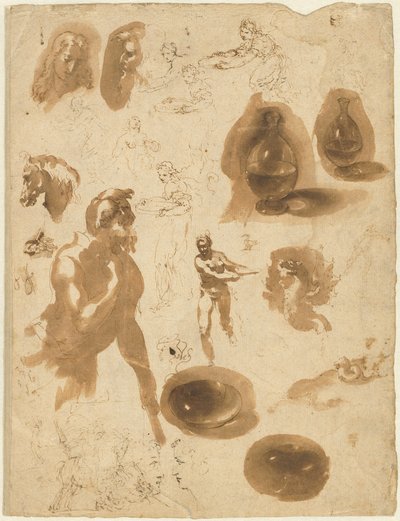 Studier av glasskrukker og figurer (recto) av Ambrogio Figino