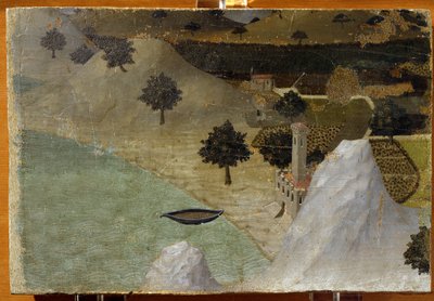 Et slott som står ved en innsjø - tempera på panel av Ambrogio Lorenzetti