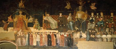 Allegory of Good Government, detalj fra Allegory and effects of good and dårlig regjering i by og land av Ambrogio Lorenzetti (aktiv 1285-1348), fresco, Hall of Peace, Palazzo Publico, Siena av Ambrogio Lorenzetti