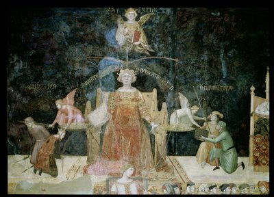 Allegory of Good Government, detalj om rettferdighet inspirert av visdom, 1338-40 av Ambrogio Lorenzetti