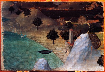 Slott ved innsjøen, av Ambrogio Lorenzetti (1319-1347), maleri på tre, 22x33 cm. av Ambrogio Lorenzetti