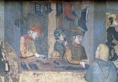 Effekter av god regjering i byen, detalj av en kjøpmann og håndverkere i skomakerbutikken av Ambrogio Lorenzetti