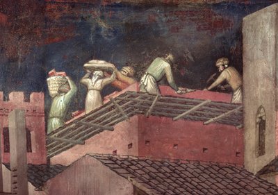 Effekter av god regjering i byen, detalj om arbeidere som bygger et hus av Ambrogio Lorenzetti