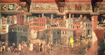 Effekter av god regjering i by, detaljer fra allegorien og virkninger av god og dårlig regjering i by og land av Ambrogio Lorenzetti