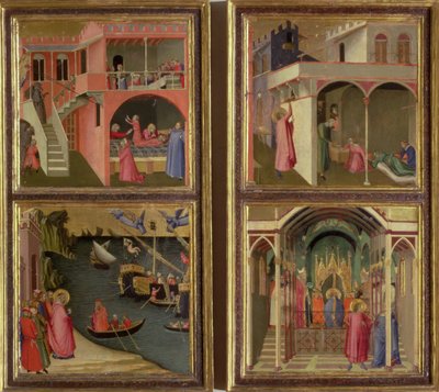 Fire scener fra St. Nicholas liv: St. Nicholas gir tre jenter medgiften deres; St. Nicholas valgt til biskop av Mira; Å gjenopplive en gutt kvalt av djevelen; Frigjør Mira fra hungersnød av Ambrogio Lorenzetti