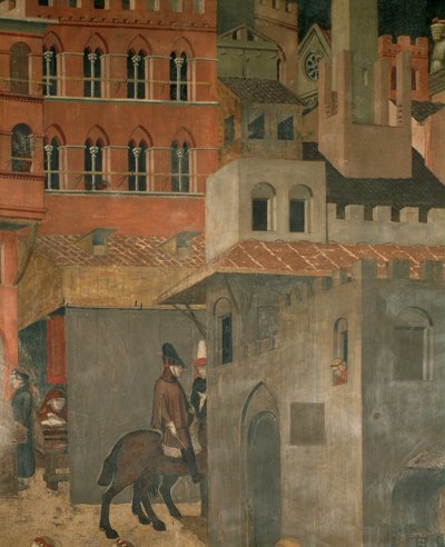 Hus og ryttere (veggmaleri) av Ambrogio Lorenzetti