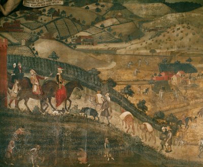 Landskap med bønder og et jaktlag (freske) av Ambrogio Lorenzetti