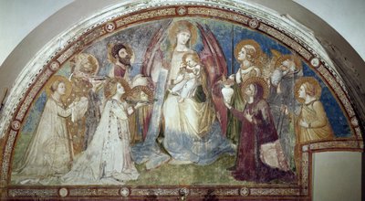 Maesta - Jomfruen og barnet, omgitt av helgener og erkeengelen Michael (Fresco av Ambrogio Lorenzetti