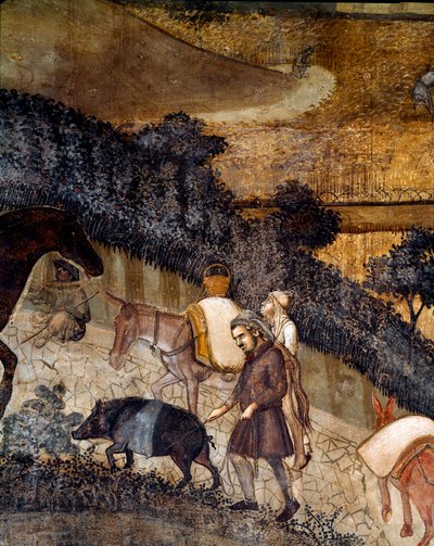 Bønder som pløyer åkrene. Detalj av virkningene av god og dårlig regjering på byen og landsbygda. (Fresco av Ambrogio Lorenzetti