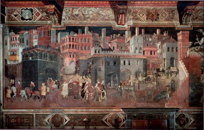 "Effektene av god og dårlig regjering på byen og landet." Detalj av byen. Fresco av Ambrogio Lorenzetti (1290-1348) av Ambrogio Lorenzetti