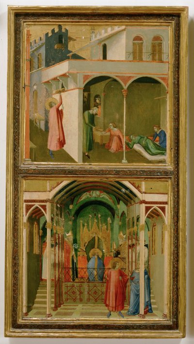To legender om Sankt Nikolaus av Myra: Helgenen gir en … (tempera på tre) av Ambrogio Lorenzetti