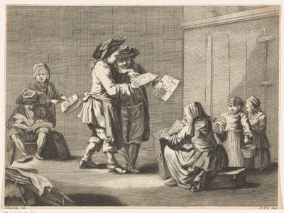Fem menn og kvinner ser på bilder av Ambrogio Orio