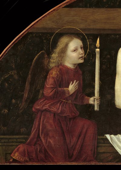 Kristus i Piete omgitt av to engler Detalj som viser en engel som holder et stearinlys av Ambrogio da Fossano (c.1460 1523)