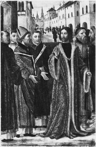 St. Ambrosius nekter romersk keiser Theodosius I den store opptak til kirken i Milano (fresco) (s/hvitt foto) av Ambrogio da Fossano (c.1460 1523)